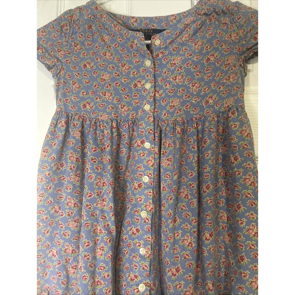 Polo Ralph Lauren Girls Size 7 Blue Floral Button Front Ruffle Hem Dress Pockets - Picture 2 of 9